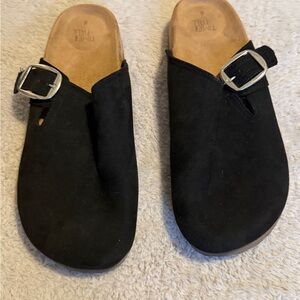 Time and Tru Black Suede Clogs with Silver Buckle
